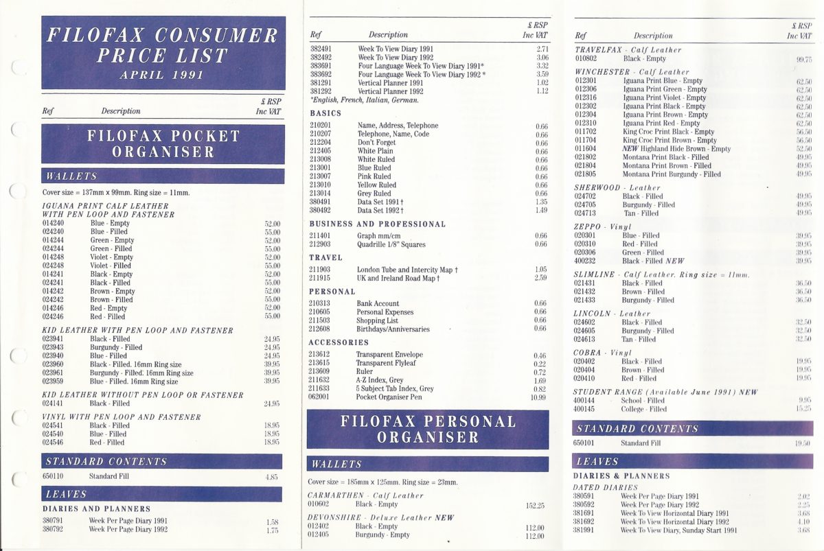 Filofax UK price list 1991