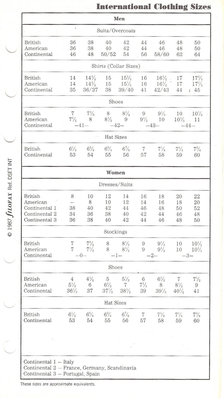 International Clothing Sizes Filofax Catalogue Archive